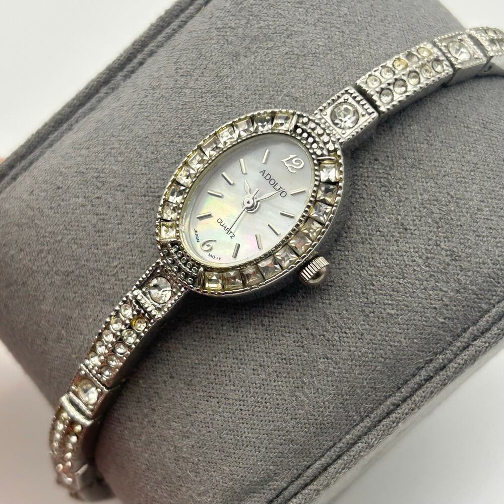 Adolfo Silver-tone Mother Pearls Oval Dial Crystal Accents Fashion Watch